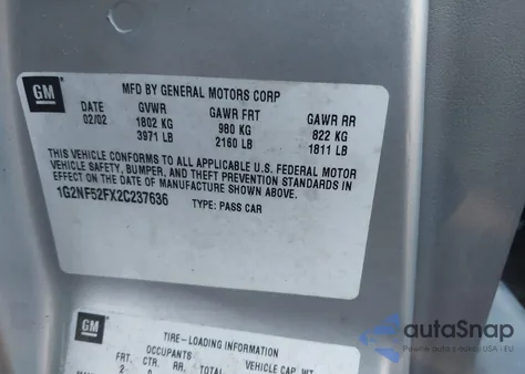 2002 Pontiac Grand Am Se1 z USA, uszkodzony, nr VIN 1G2NF52FX2C237636